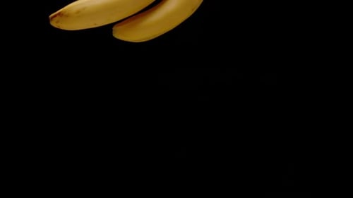 Bündel Bananen fallen in Zeitlupenansicht auf schwarzen Hintergrund