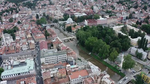 Aerial video of the capital city of Sarajevo of Bosnia and Herzegovina