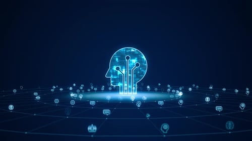 Blaues digitales Roboterkopf-Logo mit Raster- und Rotationskreislinienverbindung, AI-Technologiesymbol