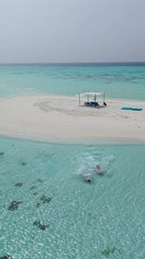 Aerial View of a Private Island in the Maldives Featuring Turquoise Waters and White Sand Beaches