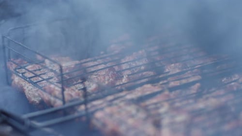 Smoked Barbeque Chicken on Outdoors Grill. Slow motion, rack focus.