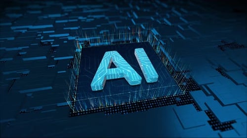 3D blue AI letter with circuit board and 3d abstract background concept of machine learning