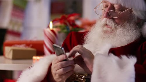 Santa Claus Using Cell Phone, Closeup Beard