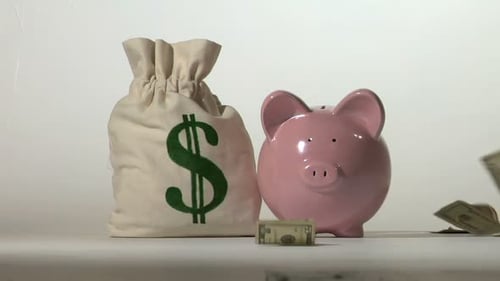 Piggy Bank and Falling Money Background