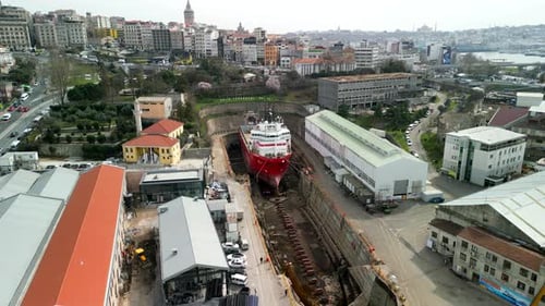 Istanbul/turkey circa 2023: Big boat construction at a shipyard fly back shot