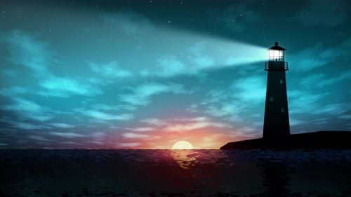 Modern Lighthouse Animation at Sunset with Starry Sky