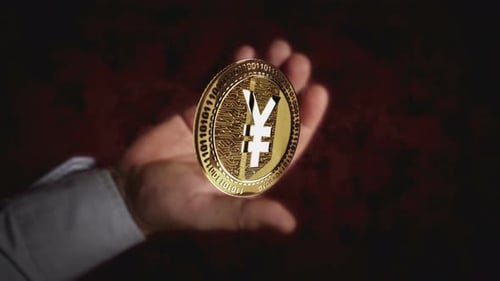 Spinning Golden Digital Yen Coin with Circuit Board and Binary Code
