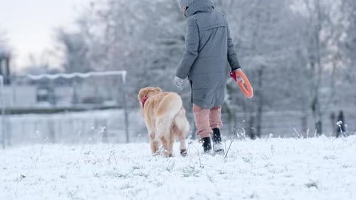 Owner Girl Walking With Her Golden Retriever Dog On A Snow Field