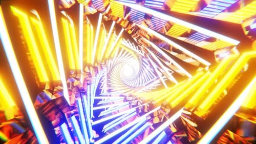 Glowing neon triangles spiral background. Abstract futuristic sci-fi tunnel