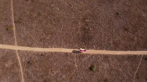 Aerial view of colorful kite on path, Bulgaria.
