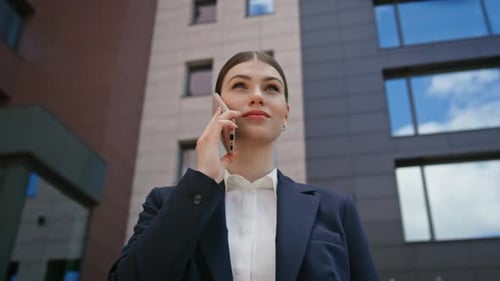 Woman Boss Talking Cellphone Standing Near Modern Office Building Closeup