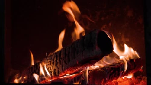 Roaring flames engulfing logs in dark fireplace