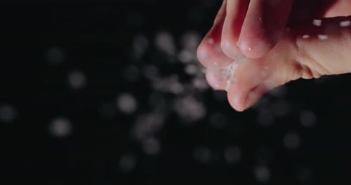 Chef Pours Salt Closeup Low Angle Shot Slow Motion Video