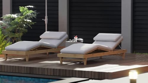 Exterior design details, close-up shot, two sun loungers by the pool.