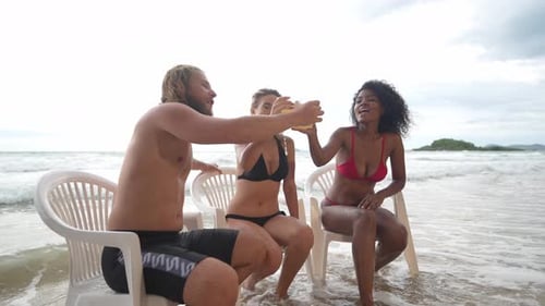 Young group drinking on the beach with sunset background