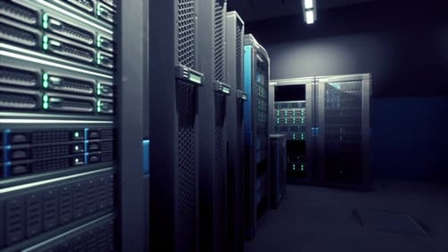 Superordinateurs en rangées, tous allumés dans une salle de serveurs