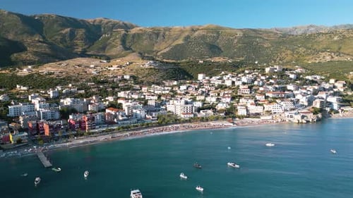 Beautiful Orbiting Drone Shot Above Himare, Albania. Famous Albanian Riviera