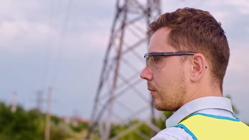 A designer inspects a high voltage tower. An engineer in a hard hat servicing a power transmission p