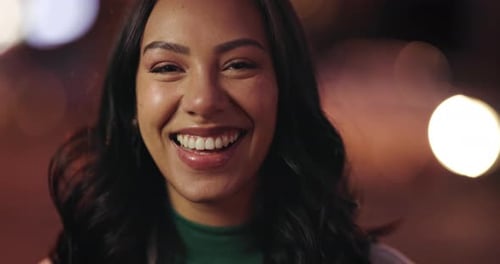 Happy, night and face of a woman in the city for a joke, relax or weekend fun in the town