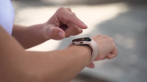 Close Up Jogging Woman Hands Using Smart Watch After Before Running Sport Activity Mob App Tracker