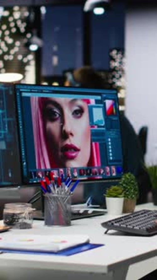 Vertical Video African American Photo Editor Uses AI Neural Networks for Retouching Content