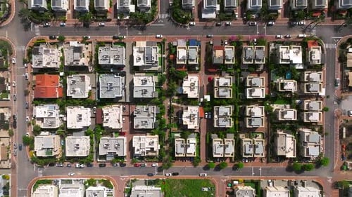 Suburban neighborhood homes with small private yards, Aerial view