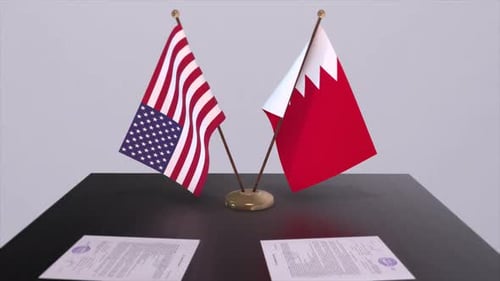 Bahrain and USA at the negotiating table, a diplomatic deal. Business and politics animation