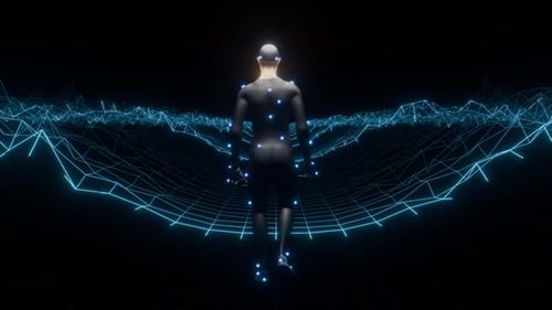 Motion-Capture-Performer läuft in digitaler Landschaft mit leuchtenden Datenleitungen mit nahtloser Schleife
