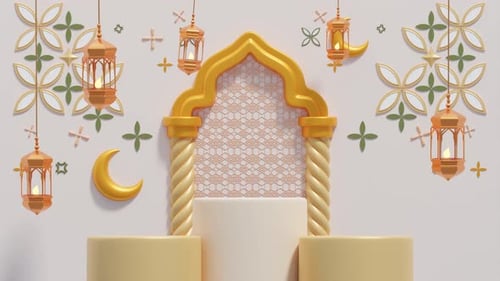 Islamic Decoration Background with Podium, Mosque Window, Islamic Shape, and Lantern. 3D Animation