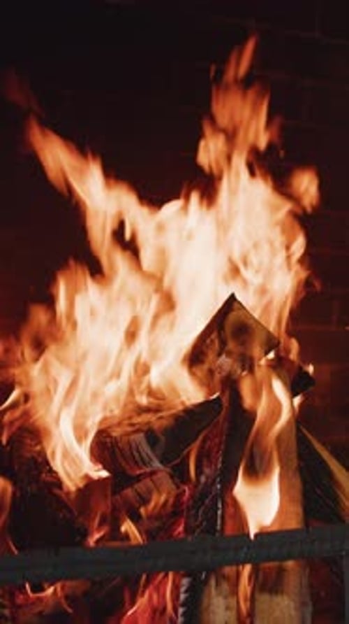 Restaurant Stone Barbecue BBQ Firewood Open Brick Oven Flame Fire Closeup Bonfire Slow Motion