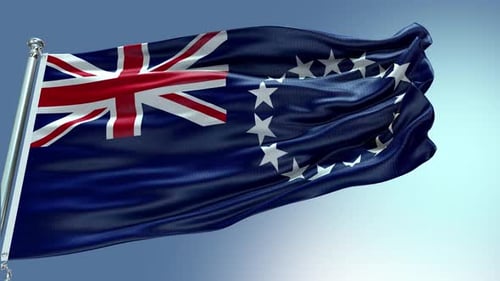 Cook Islands Flag Waving Animation on Blue Sky
