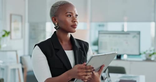 Business, thinking and black woman in office with tablet, online schedule