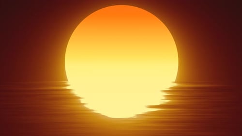 Abstract orange sun over water and horizon with reflections background