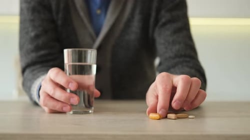 Man Taking Pills with Water Indoors