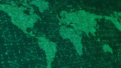 Looping Digital World Map of Binary Code and Numbers on Futuristic Global Network Background