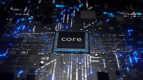 Electronic Circuit Board with Processor, CPU Activation on Motherboard with Blue Energy Pulse Expans