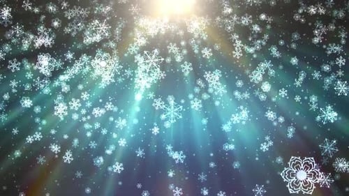 Falling Snowflakes and Bright Light Rays Christmas Background