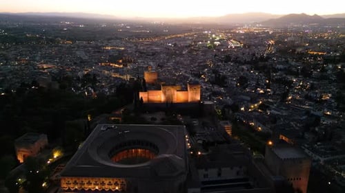 Aerial shot of The Alhambra at dusk, Granada, Andalusia, Spain