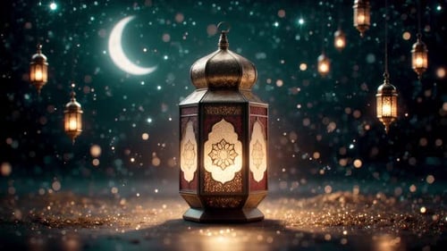Elegant Ramadan Lantern with Sparkling Background and Crescent Moon