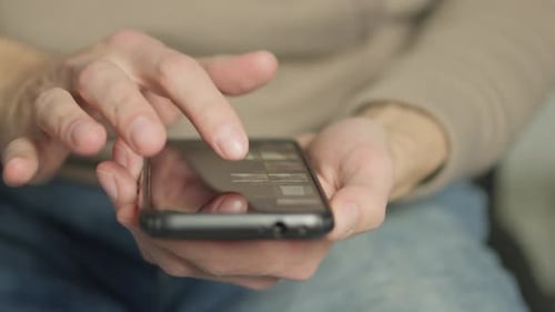 Hands Hold Smartphone, Scrolling and Touching