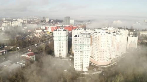 City in fog Climate emergency. Climate change. Global warming. Epic view of smog and pollution hangi