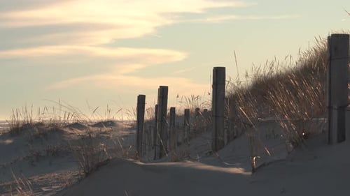 Idyllic Beach Scene at Sunrise with Wooden Fence