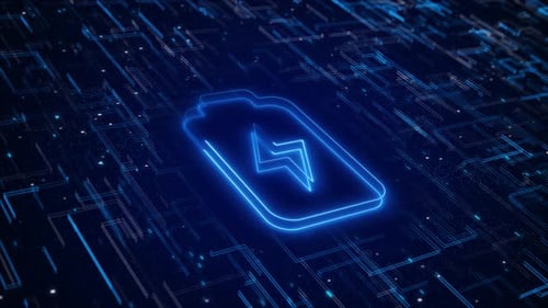 Animated Futuristic Battery Charging Icon on Digital Grid Background