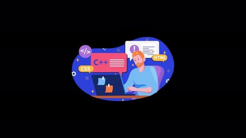 Person, die mit Programmiersprachen in einer farbenfrohen Szene codiert