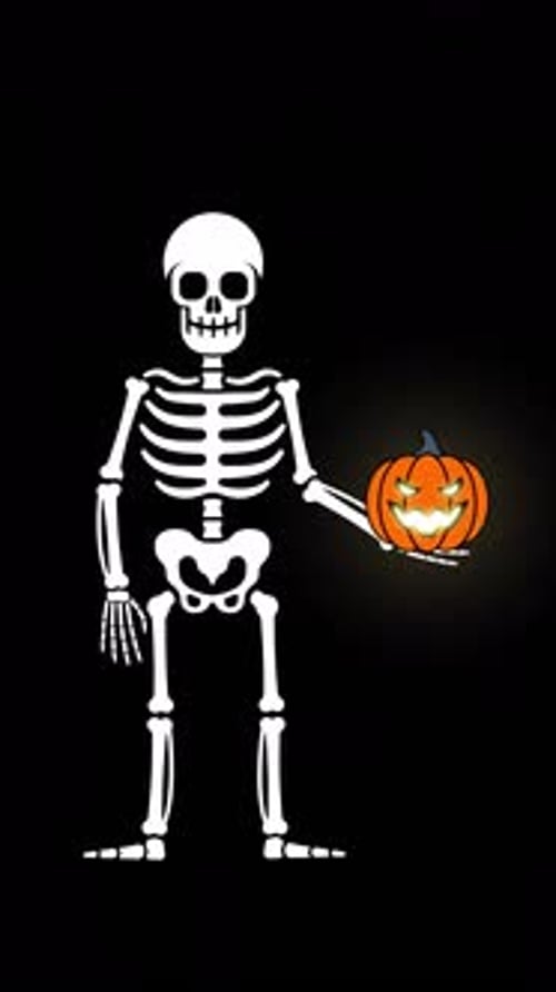 Skeleton throws Halloween pumpkin in hand.