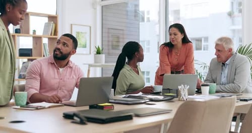Discussion, technology and business people planning in the office for a project in the boardroom
