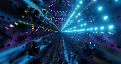 Abstract Futuristic Tunnel of Glowing Spheres and Light Rays Loop