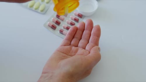 Close Up Footage of Elderly Hands Pouring Pills From an Orange Prescription Bottle Into the Palm