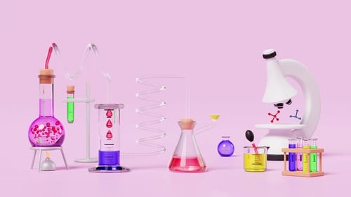 Colorful Laboratory Glassware and Microscope on Pink Background