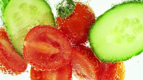 Ripe tomato and cucumber slices in clear water with air bubbles.